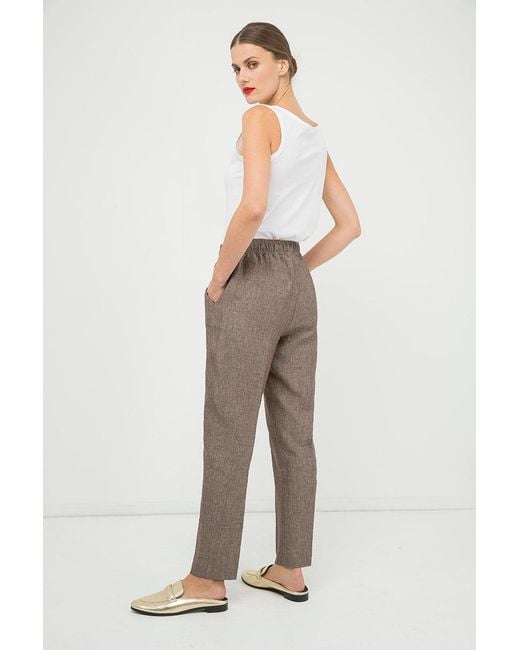 Conquista Brown Long Linen Pants With Tie Detail