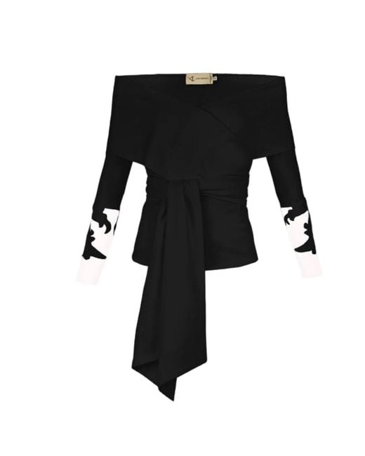 ALINA CERNĂTESCU Black Rimini Statement Sleeves Off Shoulder Neckline Blouse With Embroidery