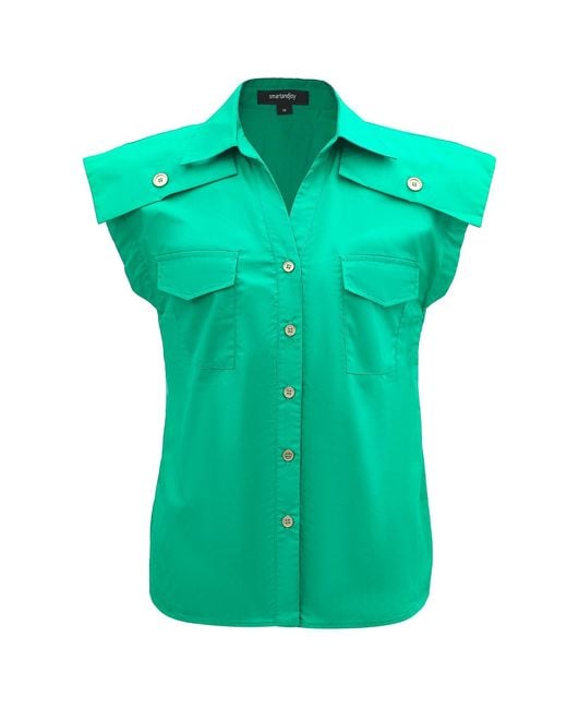 Smart and Joy Green Sleeveless Shirt With Flaps On Shoulders