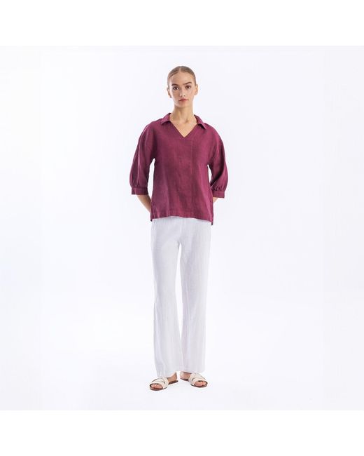 Haris Cotton Purple Linen V-Neck Blouse With Collar And Three Quarters Sleeves Tulip