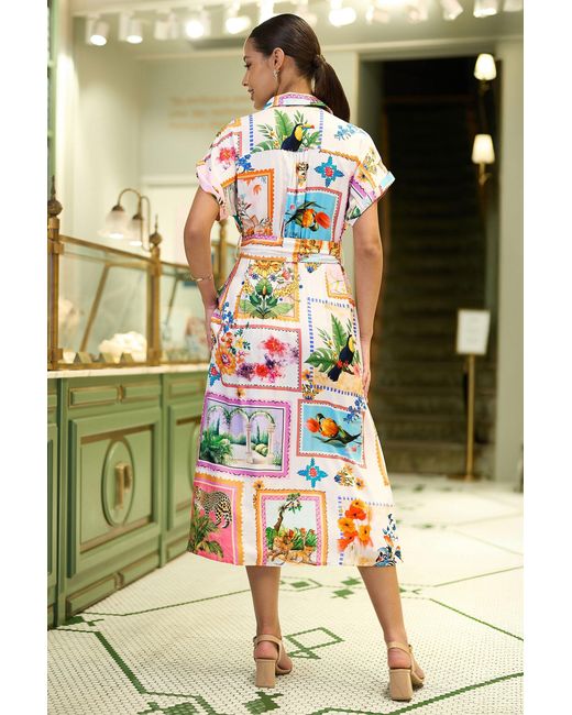 Yumi' Metallic Neutrals Ivory Tropical Postcard Print Relaxed Midi Shirt Dress