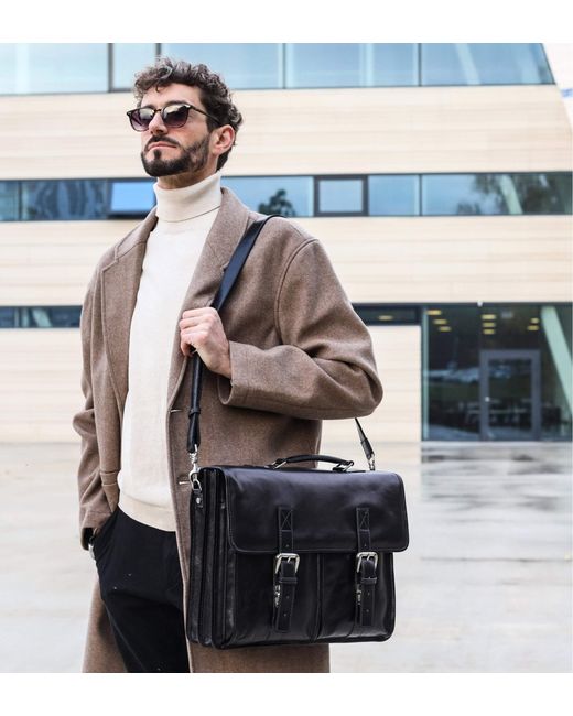 Time Resistance Black Leather Satchel Bag for men