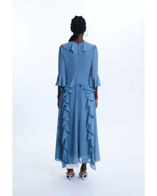 James Lakeland Blue V-neck Chiffon Ruffle Dress