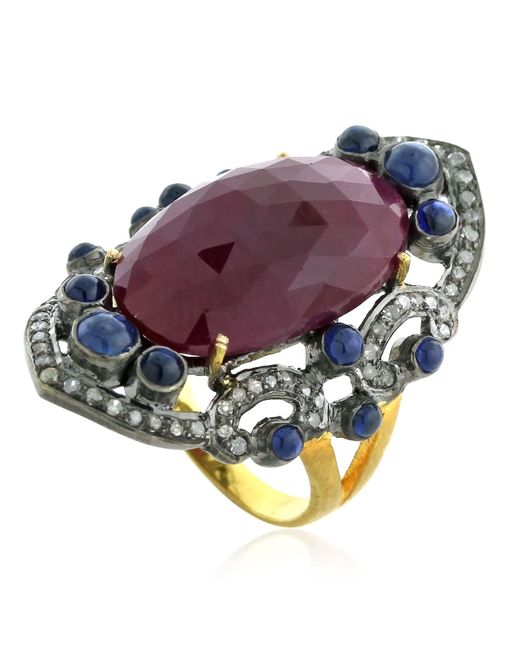 Artisan Purple Ruby Sapphire 18k Gold 925 Sterling Silver Diamond Cocktail Ring Jewelry