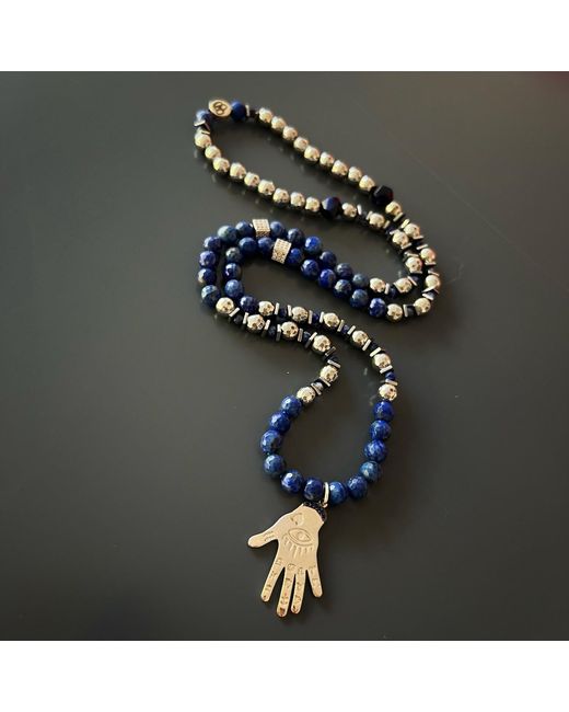 Ebru Jewelry Metallic Lapis Lazuli & Hematite Stone Sterling Hamsa Pendant Beaded Necklace