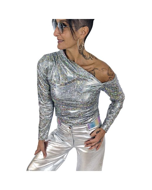 Lalipop Design Gray Mirror-Effect Asymmetric Blouse