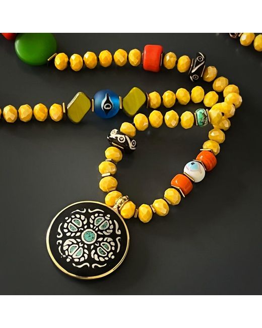 Ebru Jewelry Blue Colorful Nepal Mantra Pendant Beaded Long Necklace