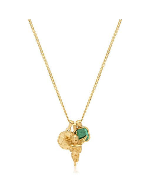 Nialaya Metallic Talisman Necklace With Angel And Malachite Pendant for men