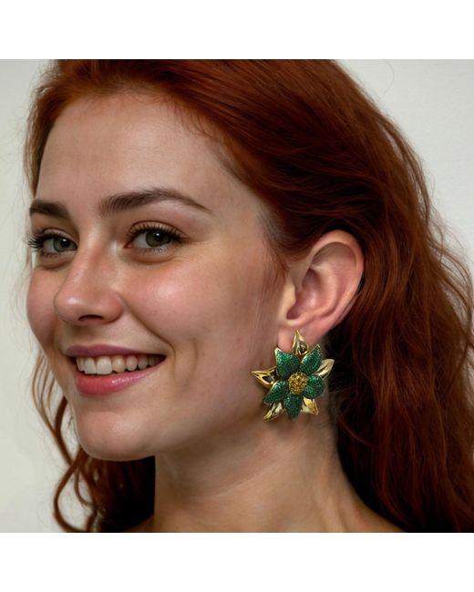 Latelita London Green Marguerite Daisy Flower Large Stud Earrings Emerald