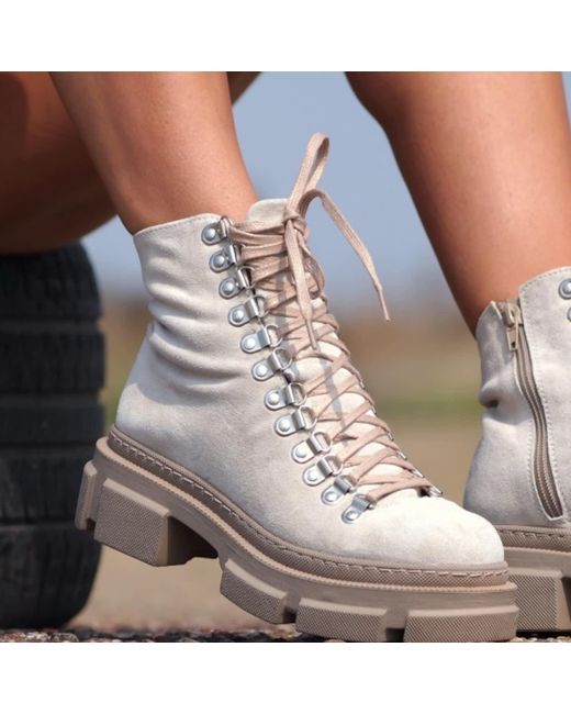 Adrenaline Fashion Metallic Neutrals Suede And Leather Lace-Up Ankle Boots – Chunky Sole Designer Handmade Boots