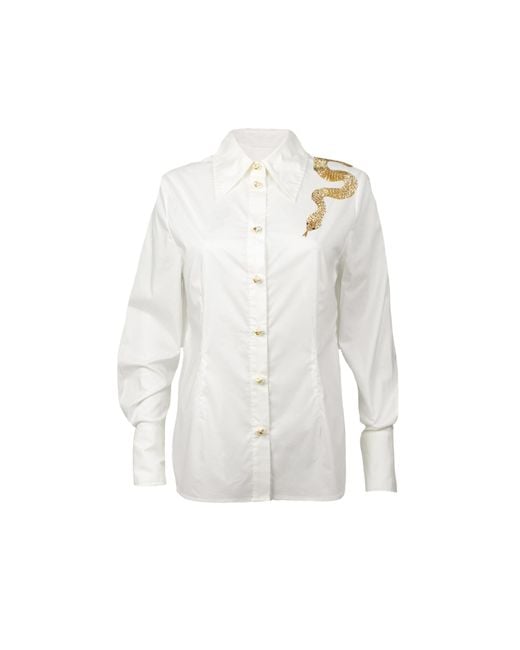 House of Laines London White Laines Couture Tie Shirt With Embellished Shoulder Snake