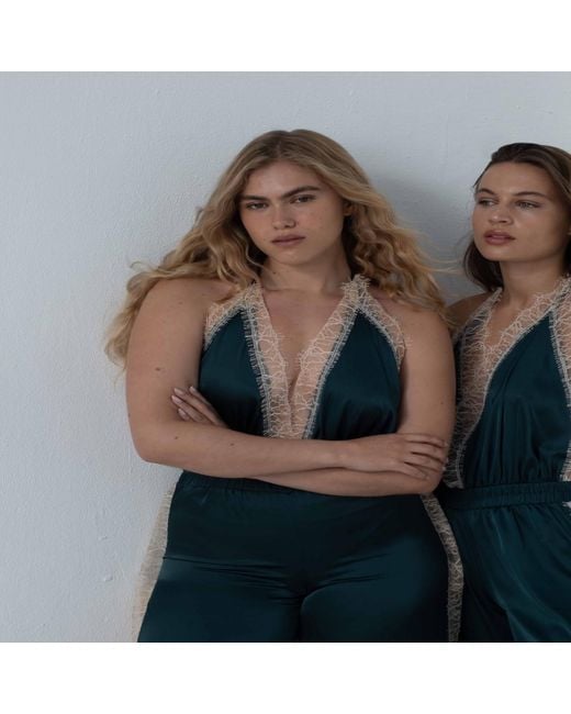 Noblesse Oblige Blue Petrol Lace Trimmed Halter Neck Short Romper