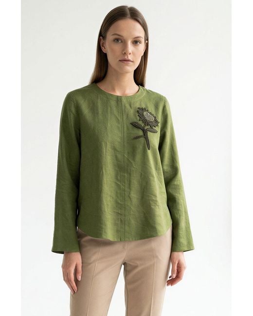 Exquise Green Fifine Long Sleeve Linen Blouse