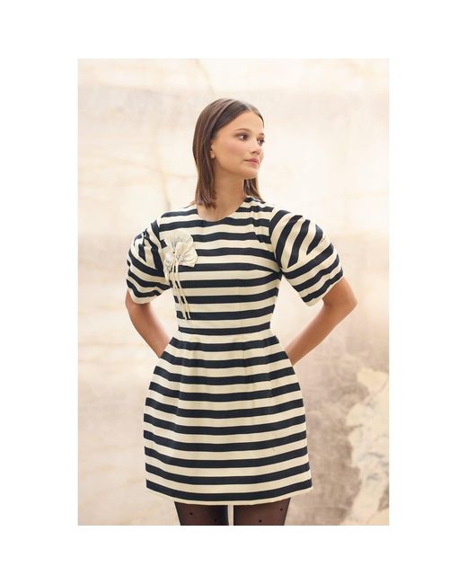 Georgette Black Ivory Striped Mini Dress With Floral Detail