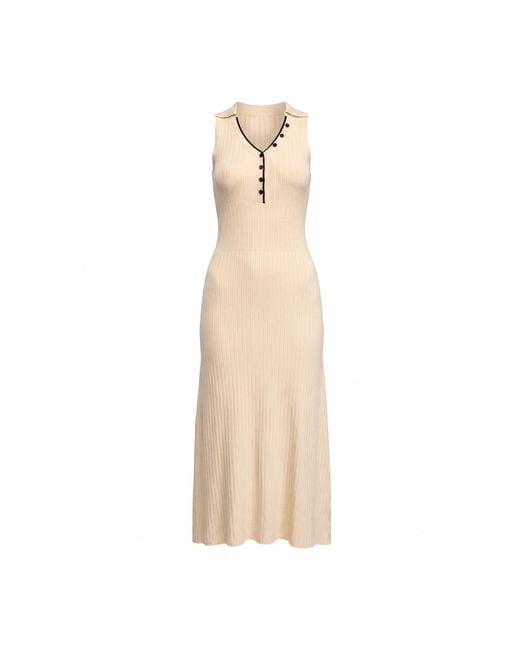 Tantra Spain Sl Natural Neutrals Long Sleeveless Pleated Knit Dress With Buttons, And Topstitching Detail