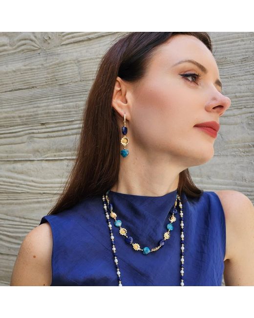 Farra Blue Heart-Shaped Lapis And Apatite Flower Dangle Earrings
