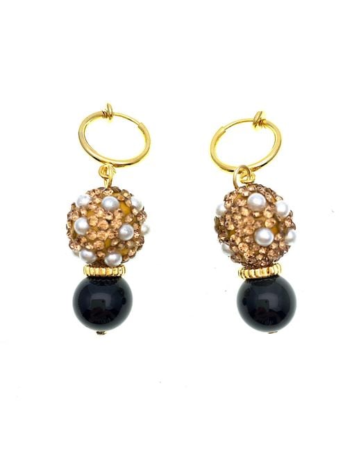 Farra Metallic Round Rhinestones Bordered Pearls With Obsidian Clip On Earrings