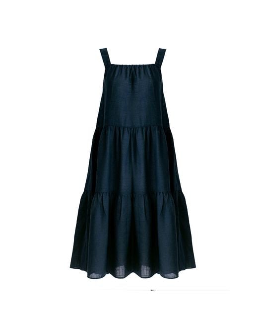 Zenzee Blue Cotton Linen Gathered Strap Tiered Dress