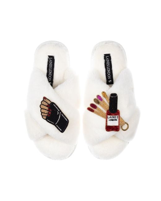 Laines London White Neutrals Classic Laines Slippers With Nail Tech Brooches