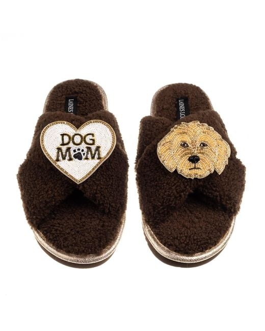Laines London Black Neutrals Boucle Slippers With Dog Mum/Mom & Golden Cockapoo Brooches