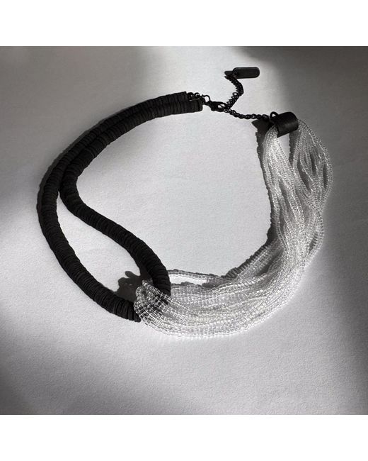 WAIWAI Black Interlock Leather And Glass Bead Necklace