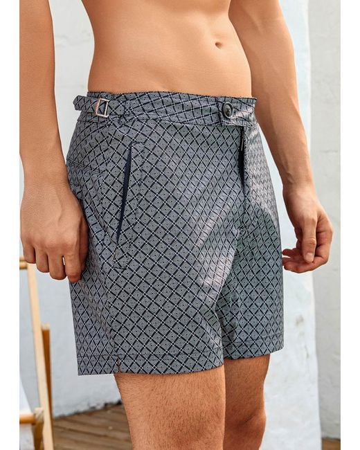 Vayla Gray Long Length Dark Geometric Print Swim Shorts for men