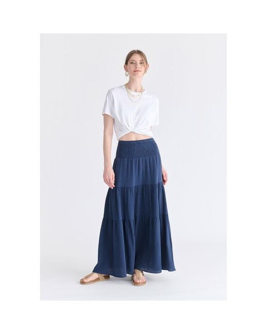 Paisie Blue Cheesecloth Shirred Waist Tiered Maxi Skirt