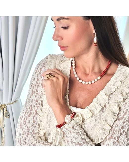 Farra Red Bamboo Coral With Baroque Pearl Bracelet