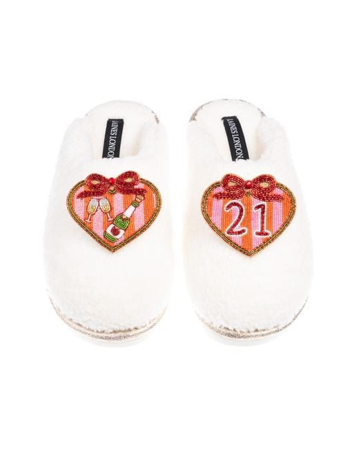 Laines London Red Neutrals Teddy Closed Toe Slippers With 21St Stripe Heart Birthday Brooches
