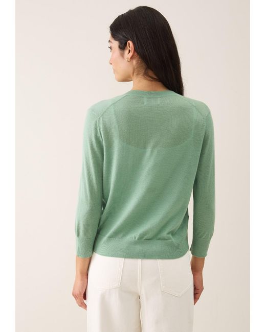 Loop Cashmere Green Three Quarter Sleeve Crew Neck Cardigan