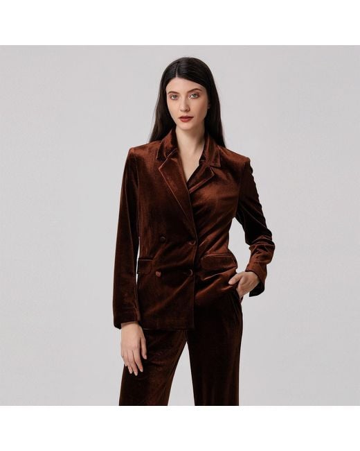 Smart and Joy Brown Double Breasted Velvet Suit Blazer