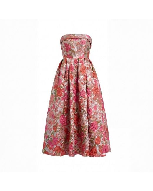 Mac Duggal Red Floral Brocade Strapless A-Line Midi Dress