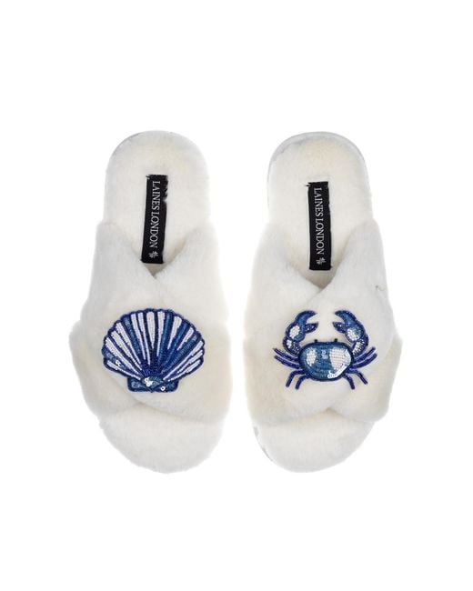Laines London Blue Classic Laines Slippers With Mediterranean Shell & Crab Brooches