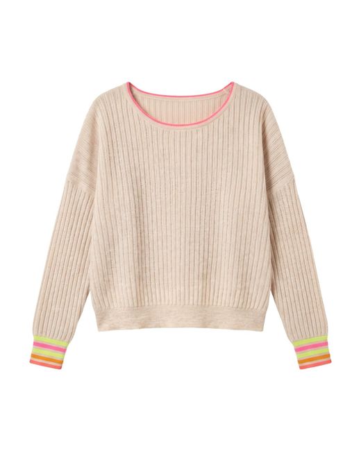 Brodie Cashmere Natural Striped Cuff Reversible Cashmere Jumper