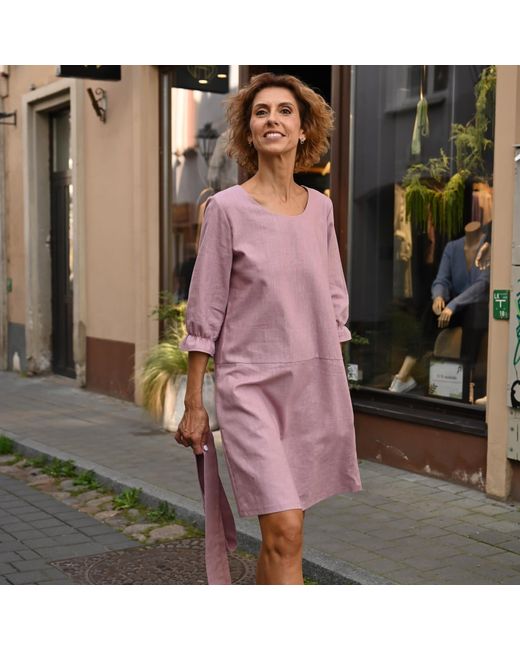 LeMuse Pink Emma — Stonewashed Linen Dress With Pockets & Tie Belt