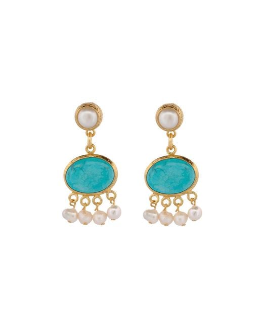 Ebru Jewelry Blue Cleopatra Pearl & Turquoise Stone Tassel Earrings