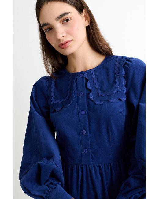 Louche Blue Prudence Babycord Big Collar Ric Rac Trim Midi Dress