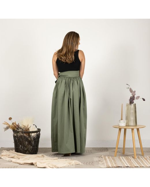 Nikka Place Green High Waist Cotton Gathered Skirt With Front Bow & Pockets