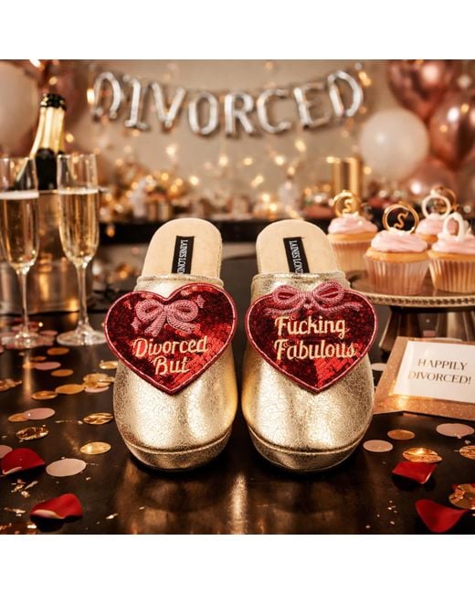Laines London Red Softie Slippers With Divorced But Fucking Fabulous Brooches