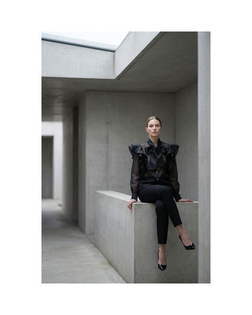 Modenaire Black Sheer Ruffle Blouse With Statement Bow