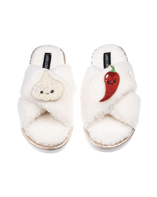 Laines London White Neutrals Laines Boucle Slippers With Laines Loveables Garlic & Chilli Brooches