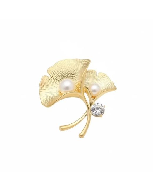 Angel Barocco Metallic Natural Freshwater Pearl Ginkgo Leaf Brooch