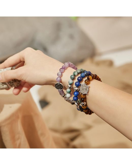 Aurozia Blue Three Charms Solar Meridian Whitegold Plated Sundial And The Sun Coin Lapis Lazuli Beaded Bracelet
