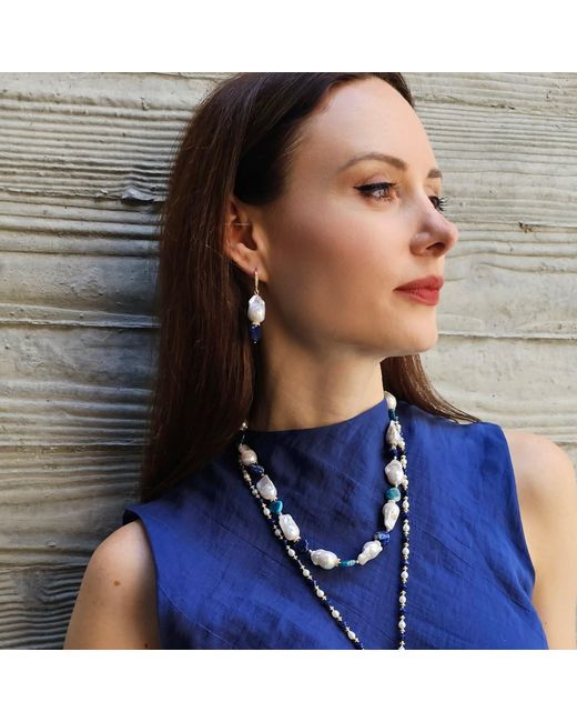 Farra Blue Baroque Pearls With Heart Shaped Lapis And Apatite Dangle Earrings