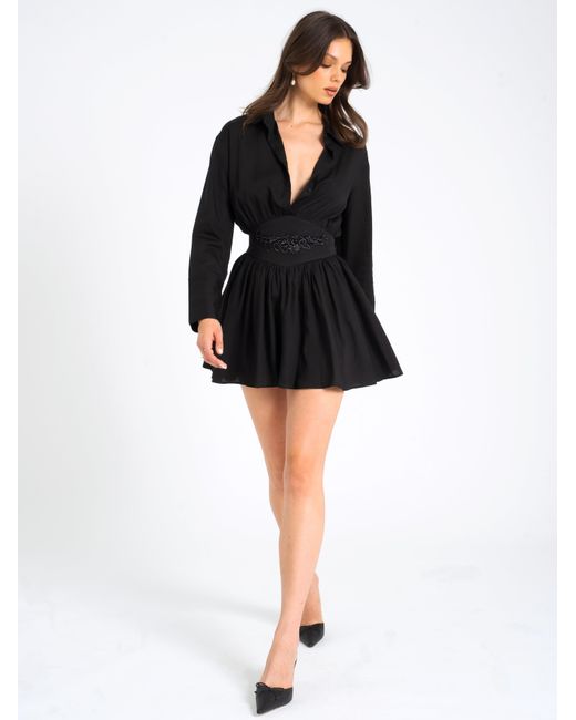 Miss Circle New York Black Jamila Shirt Mini Dress With Embroidered Waist Detail