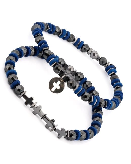 Ebru Jewelry Blue Good Vibes Spiritual Beaded Sterling Cross Bracelet Set for men