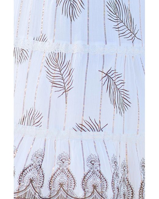 Yumi' Blue Neutrals Ivory Foil Print Midi Sun Dress With Lace Trims