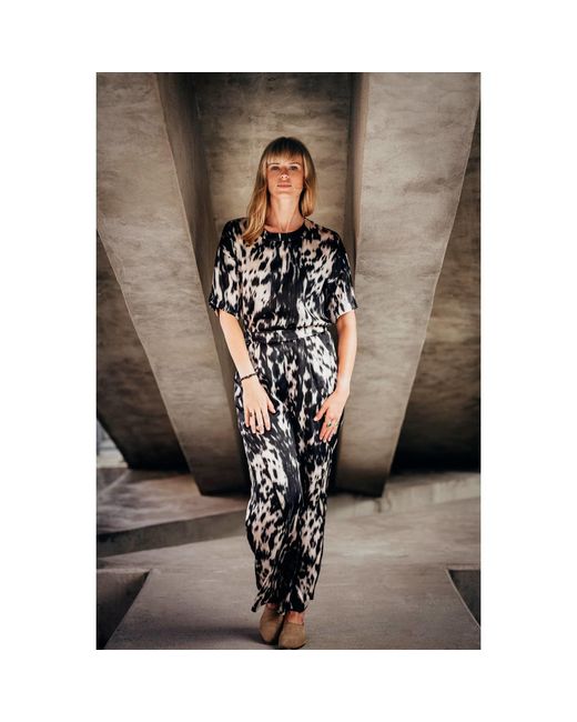 Oh!Zuza Black Neutrals Echo Oversized Viscose Satin T-Shirt – Print