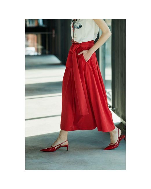 The Extreme Collection Red Midi Skirt Taffeta With Waist Tie