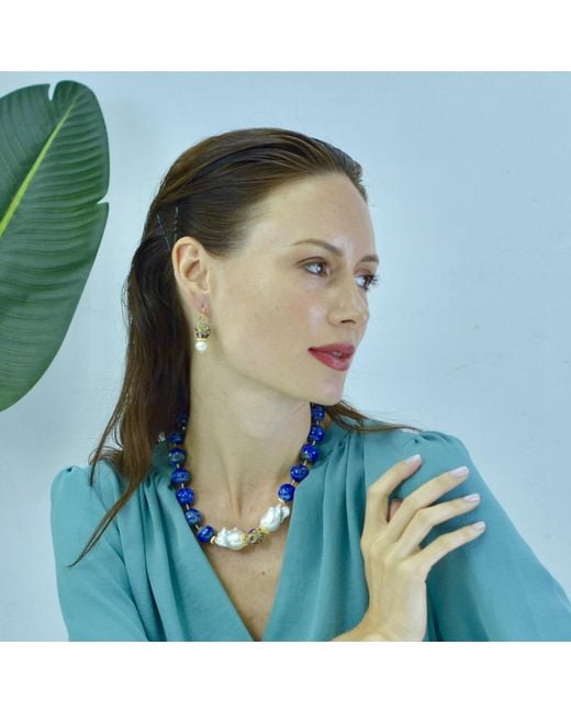 Farra Green Rhinestones Bordered Lapis With Freshwater Pearl Earrings